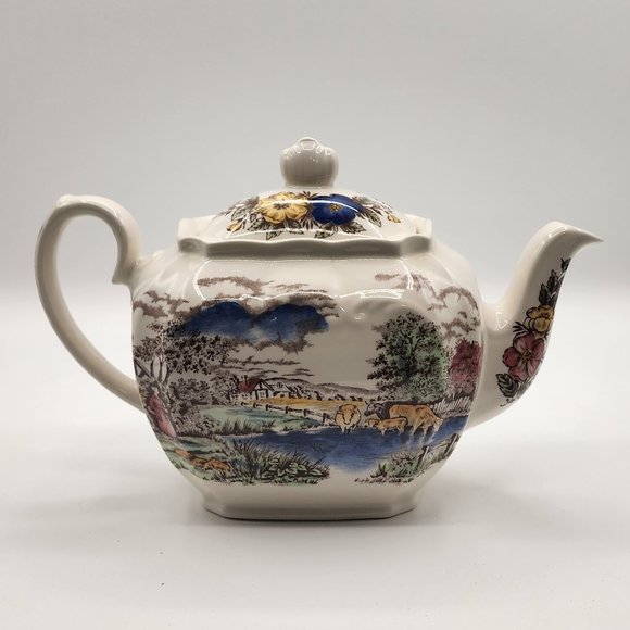 Vintage Windsor England Teapot Country Pastoral Scene Farm Trees Pond 1940's-60' - Picture 1 of 10